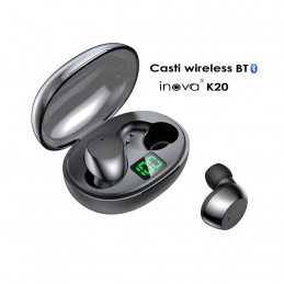 Casti wireless bluetooth, INOVA® K20, fara fir, conexiune universala, audio, microfon, afisaj digital baterie, BT 5.3, negru