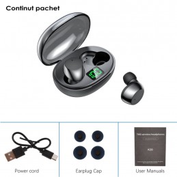 Casti wireless bluetooth, INOVA® K20, fara fir, conexiune universala, audio, microfon, afisaj digital baterie, BT 5.3, negru