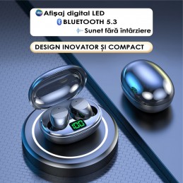 Casti wireless bluetooth, INOVA® K20, fara fir, conexiune universala, audio, microfon, afisaj digital baterie, BT 5.3, negru