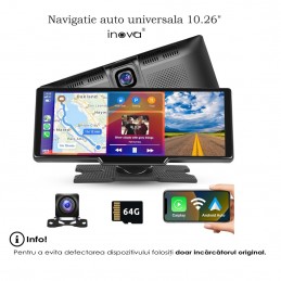 Navigatie auto universala 10.26" INOVA®, Android Auto, Wi-Fi Carplay, GPS, BT, Radio FM, Camera marsarier, Card memorie 64 GB