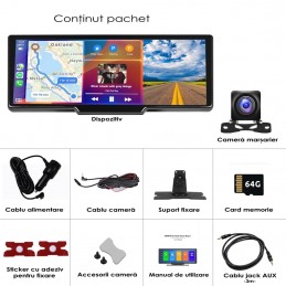 Navigatie auto universala 10.26" INOVA®, Android Auto, Wi-Fi Carplay, GPS, BT, Radio FM, Camera marsarier, Card memorie 64 GB