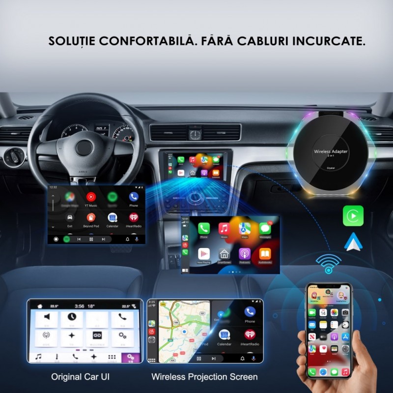 Adaptor wireless INOVA® AI BOX 2in1 compatibil cu Android Auto/ Apple ...