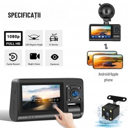 Cameră Auto Triplă DVR INOVA – Full HD, Wi-Fi, Night Vision, G-Sensor