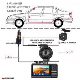 Cameră Auto Triplă DVR INOVA – Full HD, Wi-Fi, Night Vision, G-Sensor