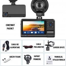 Cameră Auto Triplă DVR INOVA – Full HD, Wi-Fi, Night Vision, G-Sensor
